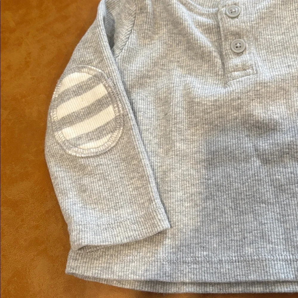 GAP Light Gray Long Sleeve Tee with Striped Elbow Patches - Size 3 to 6 months